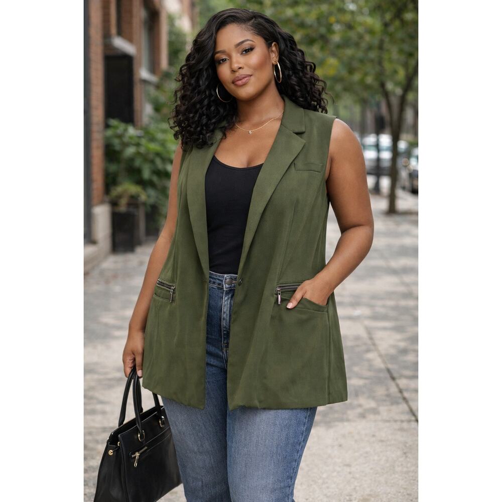 Ryan Wythe Olive Green Sleeveless Blazer Plus Size 2X Tailored Zip Pocket